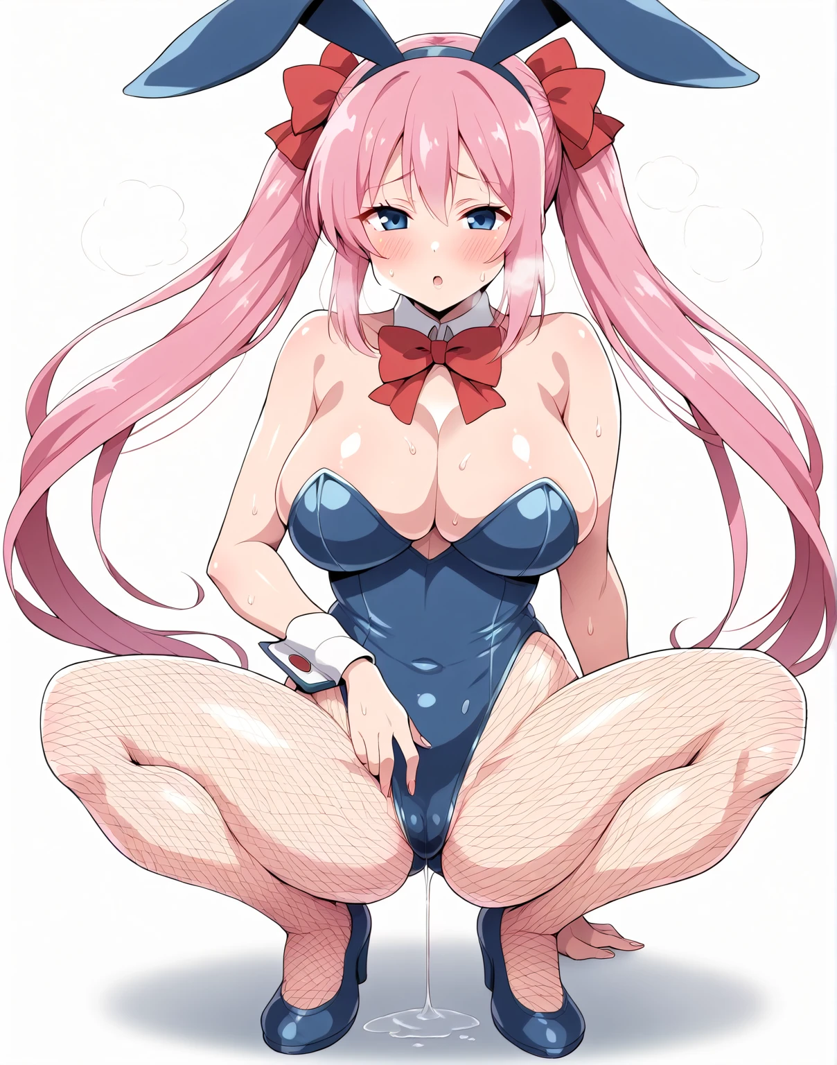 ((nsfw)),((haramura_nodoka, blue eyes, pink hair, long hair, red hairbow,twintail hair,))(Heavy breathing,blush, sweat, Sweaty and wet all over,Steam,)((dripping wet full body,Love juice drips from the crotch)),((gigantic breast)),nsfw,collar,Looking at Viewer,((Perfect body,))((Super beautiful,))((High quality,)),half open eyes,solo focus,((Thigh-high socks,sexual white bra,sexual white underwear,))(cowboy shot),((lie down on bed,backlight,))shyly,spread legs,missionary style,penis in pussy,cum dropping pussy,Playboy Bunny girl costume,fishnets pantyhose, black pantyhose,bunny rabbit ear hairband,