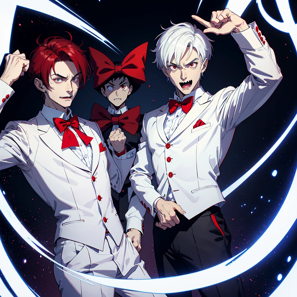 hypnotis maker comics Man. ((Standing)) His hands is up and fingers towards us, (He is standing) He is making hypnosis. He has Red eyes and white short hair, wearing white, his hands up and a bow tie. he is making hypnosis with his hand. Dracula style. comics anime style ((entire body)) (sarcastic face expressions) (No mistakes in picture)