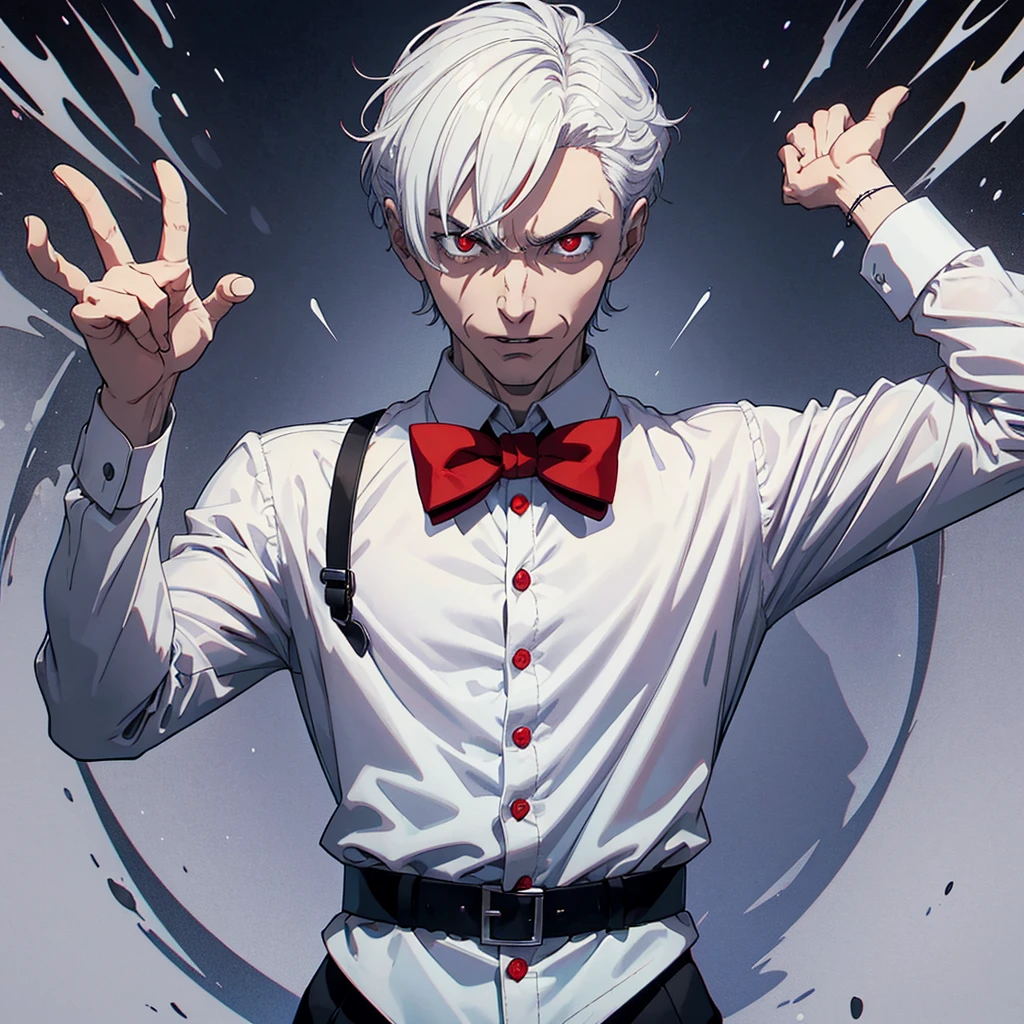hypnotis maker comics Man. ((Standing)) His hands is up and fingers towards us, (He is standing) He is making hypnosis. He has Red eyes and white short hair, wearing white, his hands up and a bow tie. he is making hypnosis with his hand. Dracula style. comics anime style ((entire body)) (sarcastic face expressions) (No mistakes in picture)