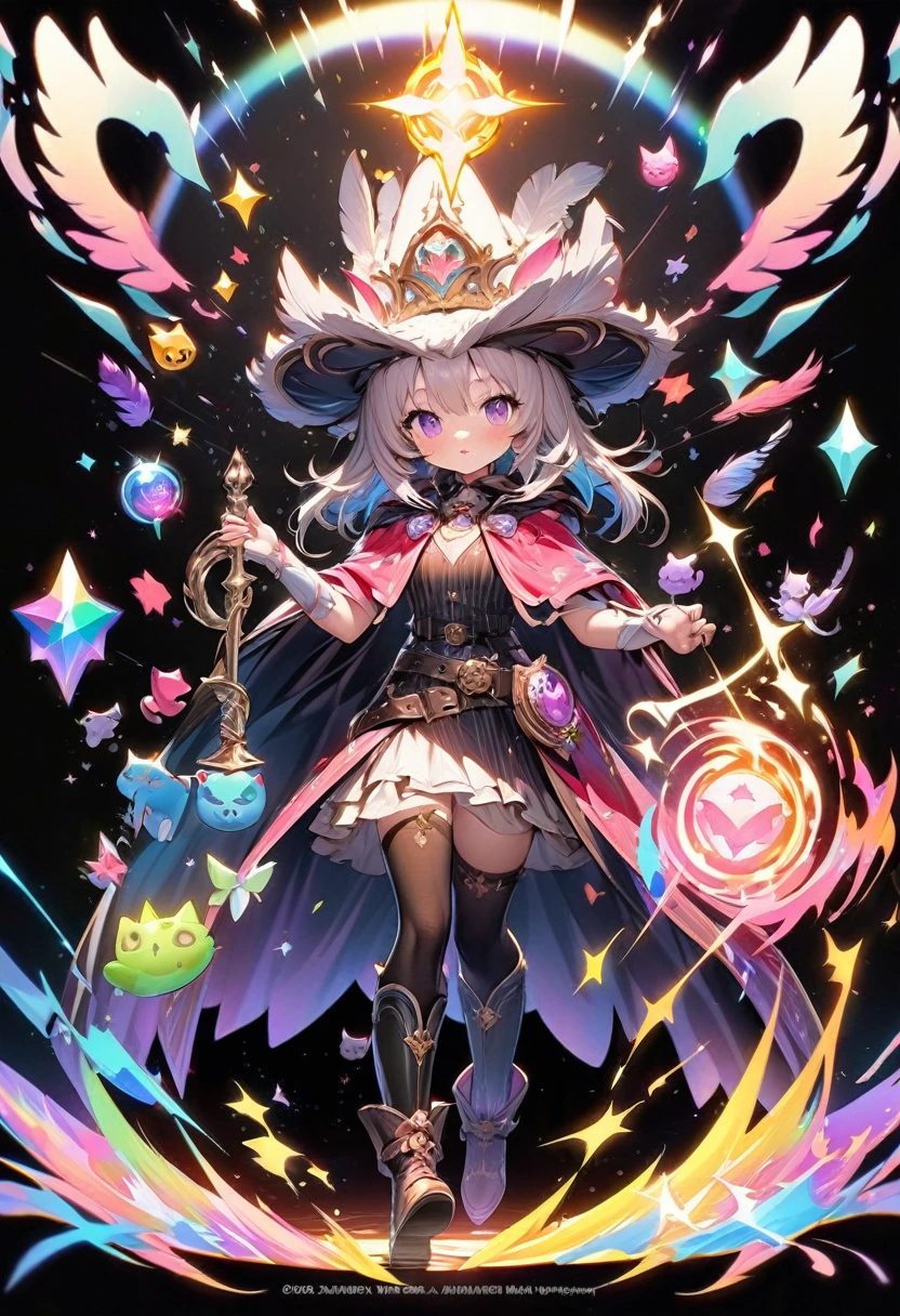 Colorful drawing of a kitten on a black background,Long boots、Cape、Feathered hat、Belt and rapier on waist, Breathtaking Rendering, In a shining connection, Inspired by Kinuko Y. Crafting,, Magical Elements, Kitten Icon, oh, Is beautiful, Cast a variety of spells, bright flash, flash