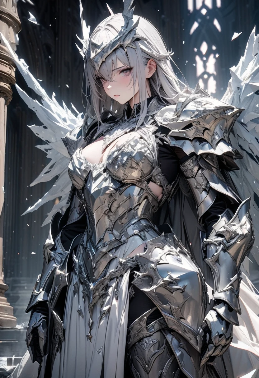 masterpiece, 8k, best quality, highly detailed, suit of armor made of white metal with ice covered broken wings