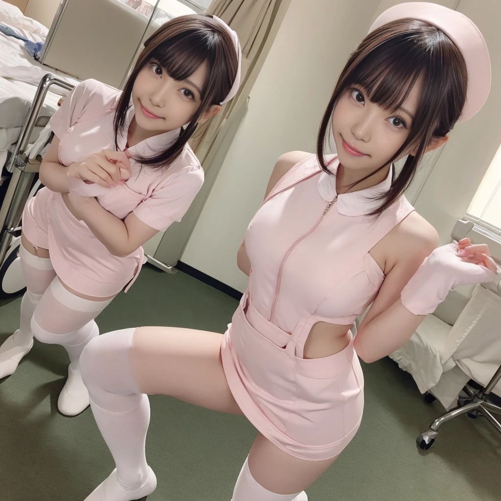（Nurse Costume、Micro Mini Skirt、Ass、Black Hair、Big Ass、Inside the hospital、Knee-high socks、Panty lines）、Extremely sexy、Glamorous Body、smile、Professional Lighting、Beautiful adult woman、Captivating thighs、Very large breasts、Cowboy Shot、