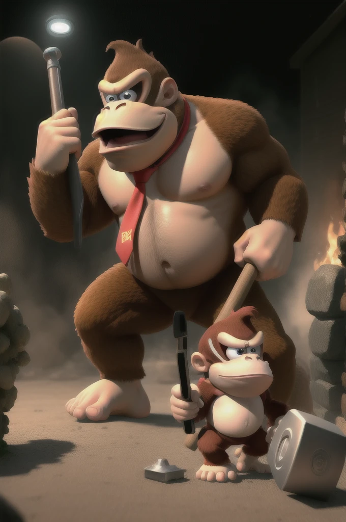 dkong, necktie,1boy,monkey,furry, cinematic portrait of an angry donkey kong holding a giant hammer and charging into an epic battle with King K. Rool, dark, scary, cinematic lighting, dramatic, hyper-detailed,  , CGI, Realism, RTX, Dramatic Lighting, Volumetric Lighting, Volumetric Light, Volumetric, ((high quality:1.2, masterpiece:1.2)), absurdres, high resolution, high details, detailed and intricate, intricate details, high intricate details, absurd amount of details, (8k resolution), 8k, 8kres, 8k res, super resolution, ultra hd, megapixel, Establishing Shot, vore large belly inside blacky the fox mobian male belly 