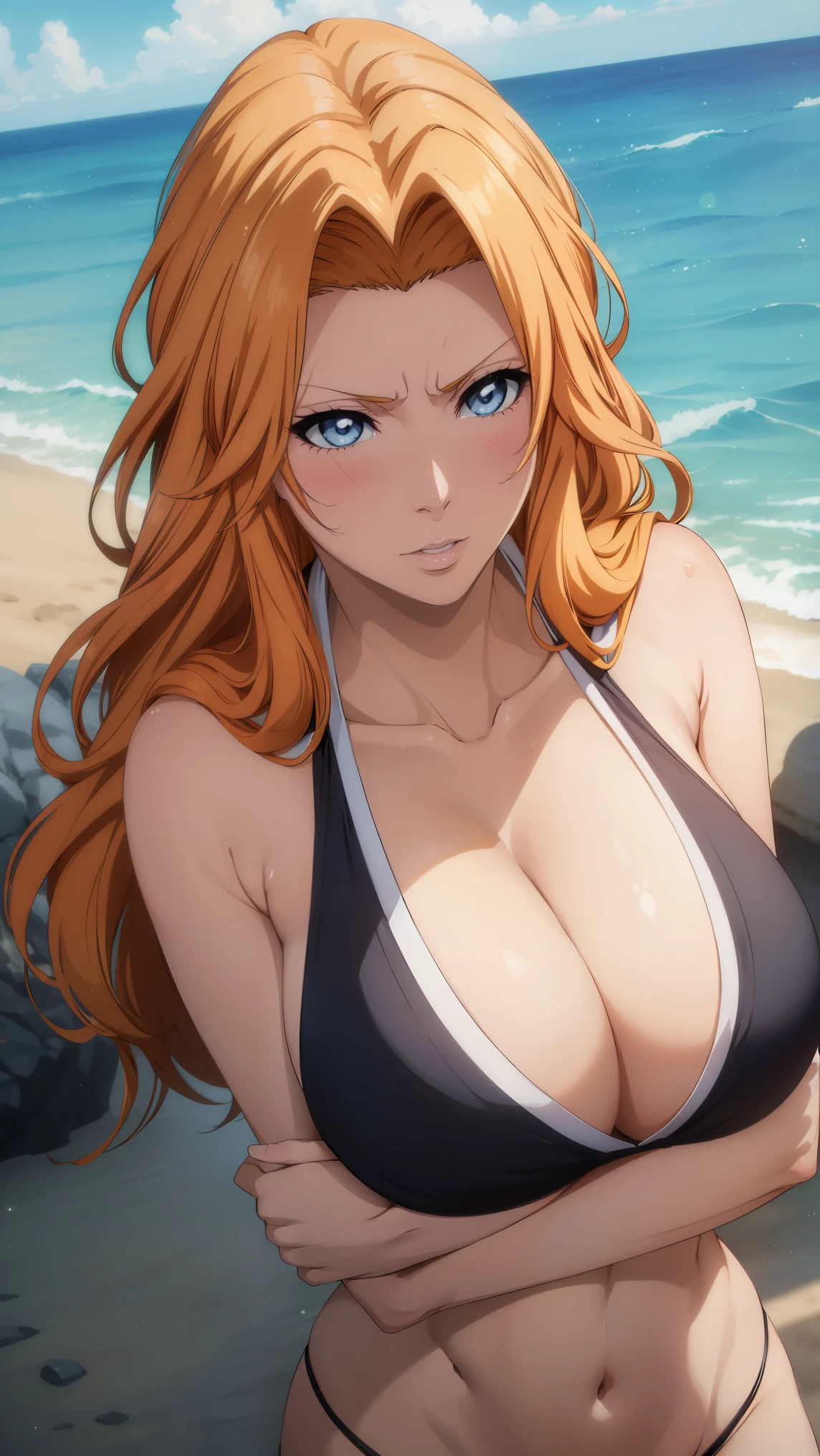masterpiece,best quality, official art, extremely detailed CG unity 8k wallpaper, ((top quality, 8k, masterpiece: 1.3, ultra hd, high quality, best quality, high definition, ((realism)), sharp focus: 1.5,(Very detailed CG unity 8K wallpaper), Dark Cinematic Lighting, cinematic lighting,rangiku Matsumoto\(BLEACH\), huge breasts:1.3, fair skin,), Looking at the viewer,beach background, The best quality, black hair, sweaty body, blue eyes,from below , cleavage, collarbone, 3:4, pov eye contact, embarrassed, shy, blushing,mature female, blue eyes, orange hair, wavy hair, front view, arms above head, show both armpits, seductive smile, embarrassed, thong bikini, sexy curve