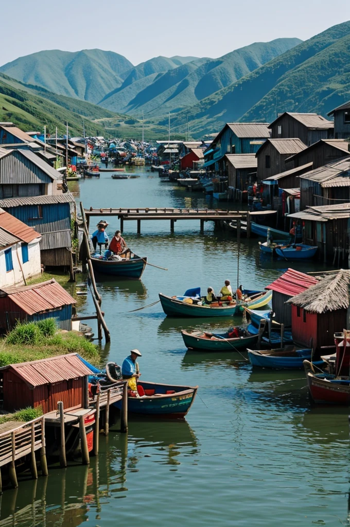 Fishing village with people