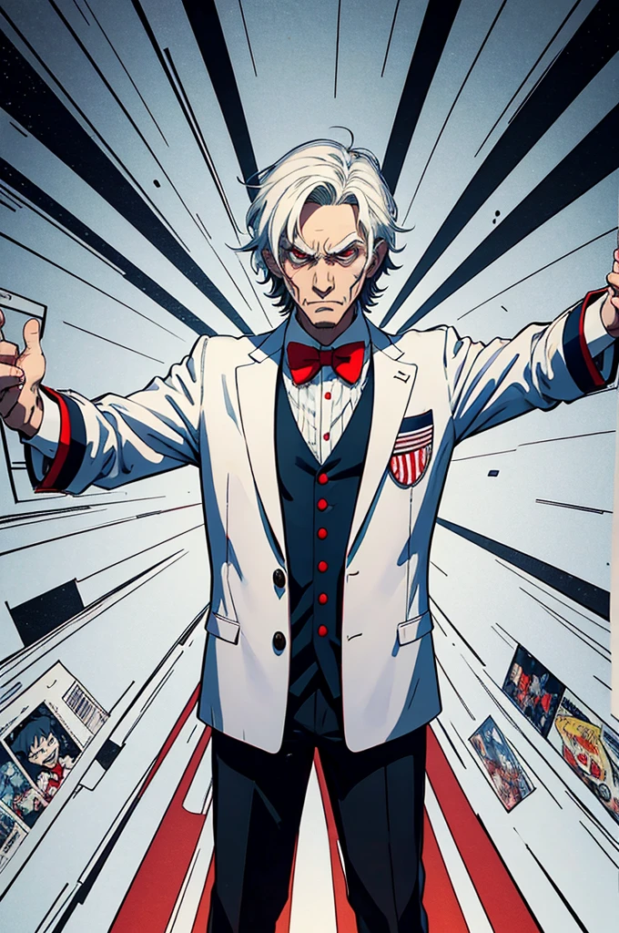hypnotis maker comics Man. ((Standing)) His hands is up and fingers towards us, (He is standing) He is making hypnosis. He has Red eyes and white short hair, wearing white, his hands up and a bow tie. he is making hypnosis with his hand. Dracula style. comics anime style, 70s poster, pop punk art style (No background) ((entire body)) (Uncle Sam facial expressions)
