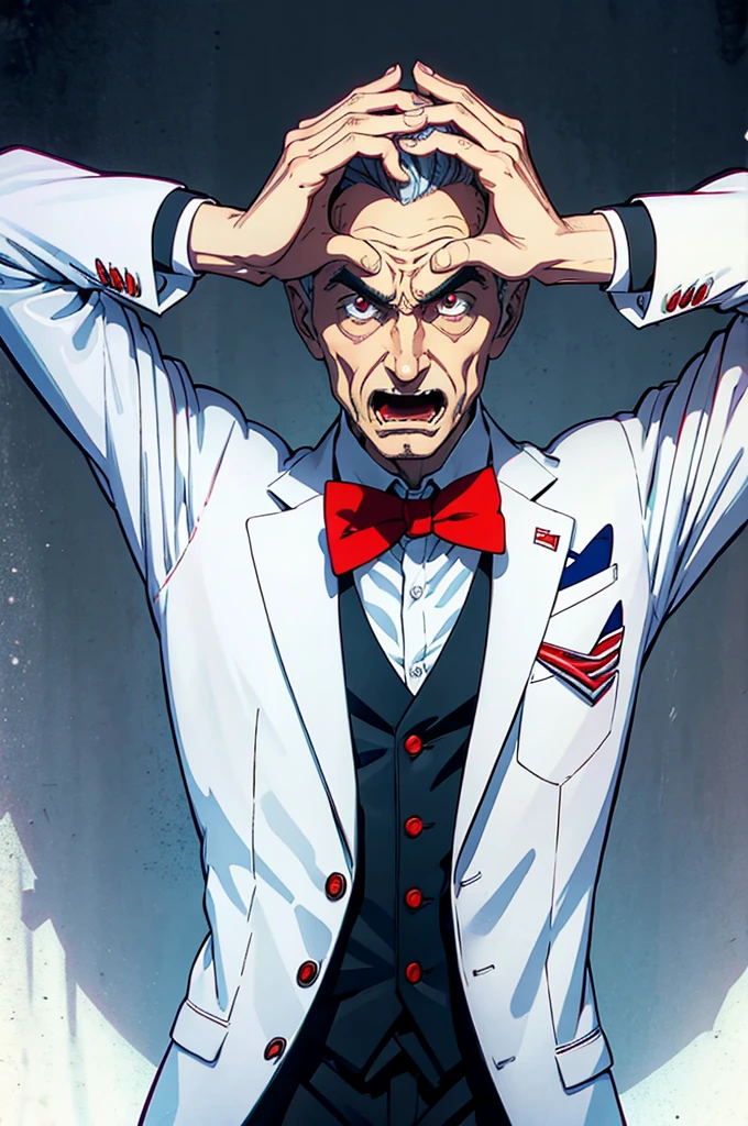 hypnotis maker comics Man. ((Standing)) His hands is up and fingers towards us, (He is standing) He is making hypnosis. He has Red eyes and white short hair, wearing white, his hands up and a bow tie. he is making hypnosis with his hand. Dracula style. comics anime style, 70s poster, pop punk art style (No background) ((entire body)) (Uncle Sam facial expressions)