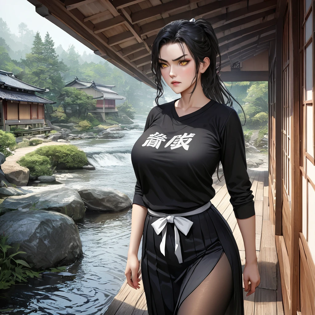A woman wearing a black shirt with white kanji writing on the shirt, black skirt, yellow eye, transparent black tights, ponytail hair, black hair, long hair, white bow in her hair, serious face, big breasts, walking outside a Japanese house traditional, with trees, and river. place of day,.HDR, ultra resolution, well defined, masterpiece, 8K HD. (solo woman), realistic
