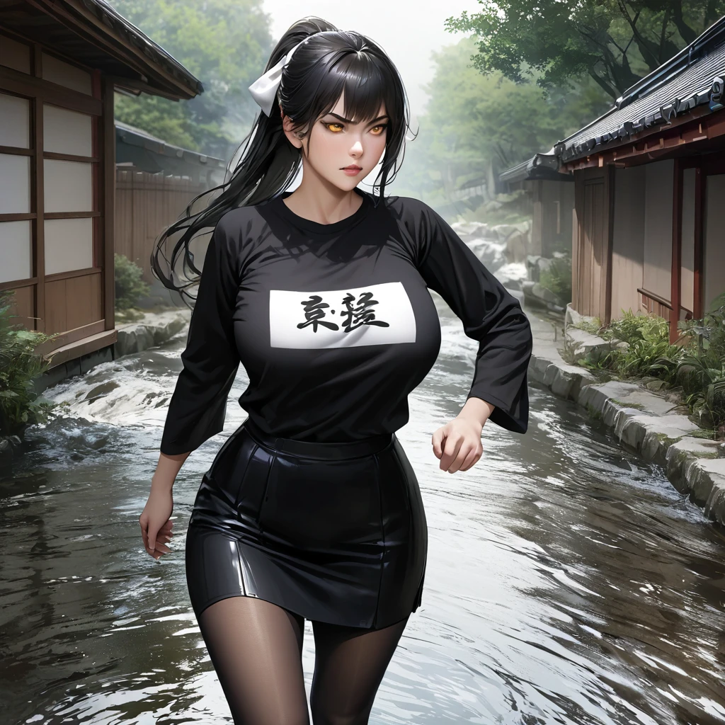 A woman wearing a black shirt with white kanji writing on the shirt, black skirt, yellow eye, transparent black tights, ponytail hair, black hair, long hair, white bow in her hair, serious face, big breasts, walking outside a Japanese house traditional, with trees, and river. place of day,.HDR, ultra resolution, well defined, masterpiece, 8K HD. (solo woman), realistic