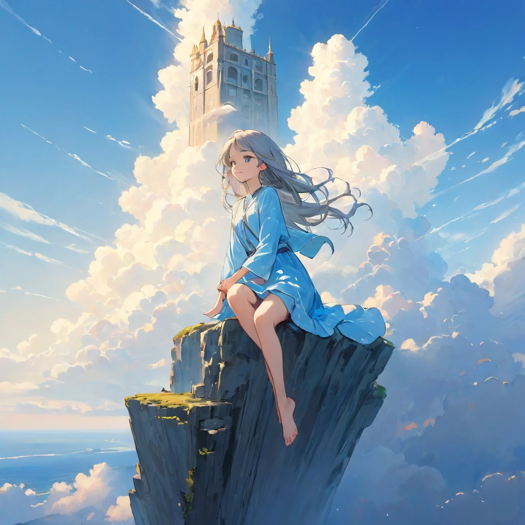 Detailed illustrations, Bright colors,High resolution、8k、pretty girl、One Girl、Highest quality、masterpiece、Detailed eyes and face, A thin tower stretching high into the sky、Cylindrical tower、sea of clouds、blue sky、Sitting cross-legged、Hair blowing in the wind、Gray Hair、Girl staring into the distance、White clothes、barefoot、Full body angle、sea of clouds