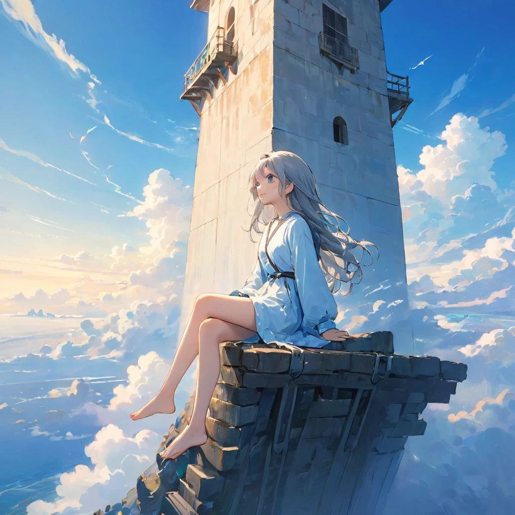 Detailed illustrations, Bright colors,High resolution、８ｋ、pretty girl、One Girl、Highest quality、masterpiece、Detailed eyes and face, A thin tower stretching high into the sky、Cylindrical tower、sea of clouds、blue sky、Sitting cross-legged、Hair blowing in the wind、Gray Hair、Girl staring into the distance、White clothes、barefoot、Full body angle、sea of clouds