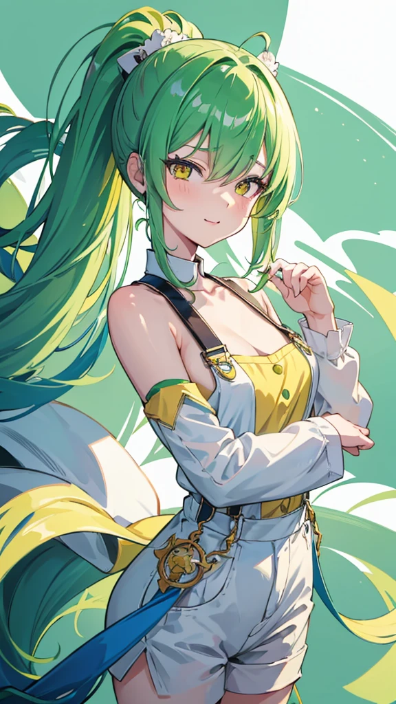 full body,1girl,green hair,yellow eyes,long ponytail,white suit,green overalls,紫の蝶ネクタイ,detailed face,central framing,mesugaki,hyper detailed,cinematic lighting,best quality,masterpiece,blue background