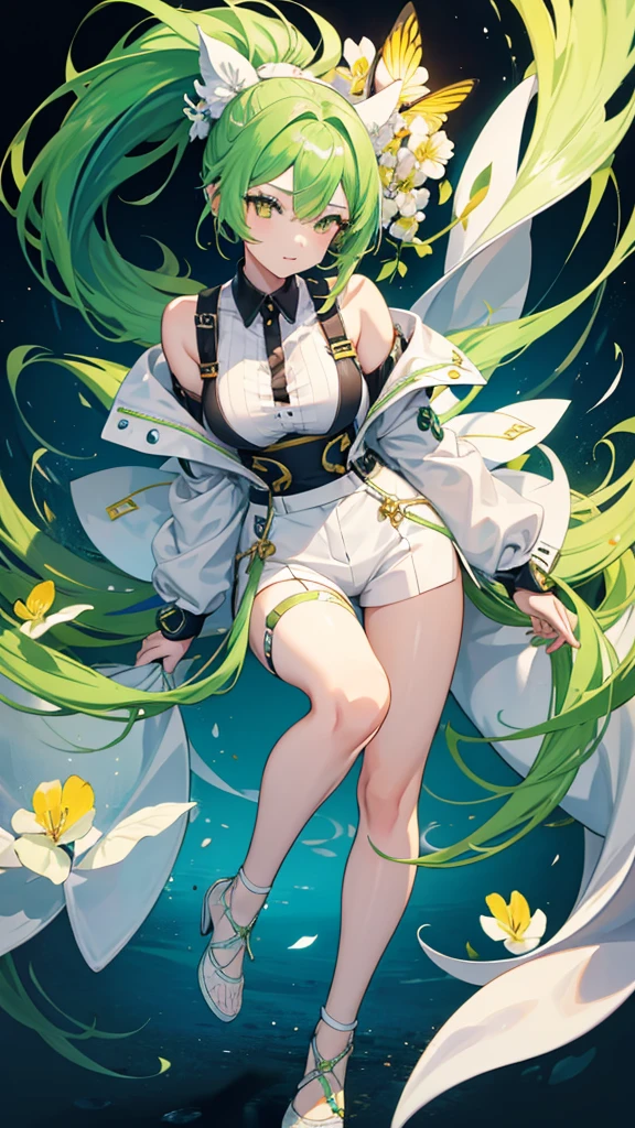 full body,1girl,green hair,yellow eyes,long ponytail,white suit,green overalls,紫の蝶ネクタイ,detailed face,central framing,mesugaki,hyper detailed,cinematic lighting,best quality,masterpiece,blue background