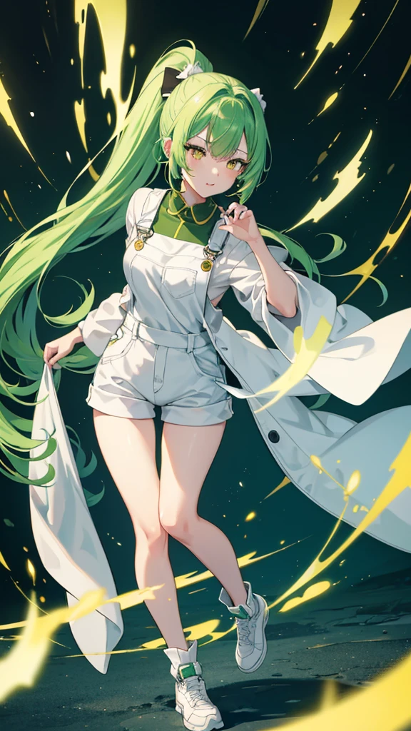 full body,1girl,green hair,yellow eyes,long ponytail,white suit,green overalls,紫の蝶ネクタイ,detailed face,central framing,mesugaki,hyper detailed,cinematic lighting,best quality,masterpiece,blue background