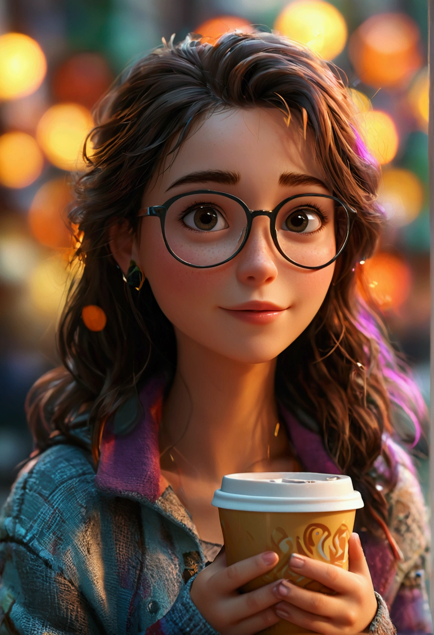 Cartoon character of a 27 year old woman drinking coffee and holding her cell phone, animation character, stylized character, animation style rendering, 3d stylized, Arnold Maya rendering, Stylized 3D rendering, toon render screenshot, 3d character, 3d character, Stylized 3D rendering, 3D character rendering, cartoon character, Personagem de close up, character posing, (Pixar-style) (master part:1.2) (bokeh) (best qualityer) (skin detailed) (detailed texture) (8K) (Argilla) (cinematic lighting) (sharp focus), laughing while looking at her cell phone and holding her coffee, background matching the colors