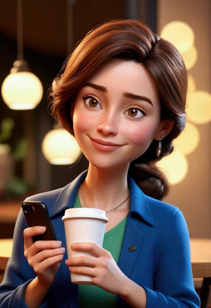 Cartoon character of a 27 year old woman drinking coffee and holding her cell phone, animation character, stylized character, animation style rendering, 3d stylized, Arnold Maya rendering, Stylized 3D rendering, toon render screenshot, 3d character, 3d character, Stylized 3D rendering, 3D character rendering, cartoon character, Personagem de close up, character posing, (Pixar-style) (master part:1.2) (bokeh) (best qualityer) (skin detailed) (detailed texture) (8K) (Argilla) (cinematic lighting) (sharp focus), laughing while looking at her cell phone and holding her coffee, background matching the colors
