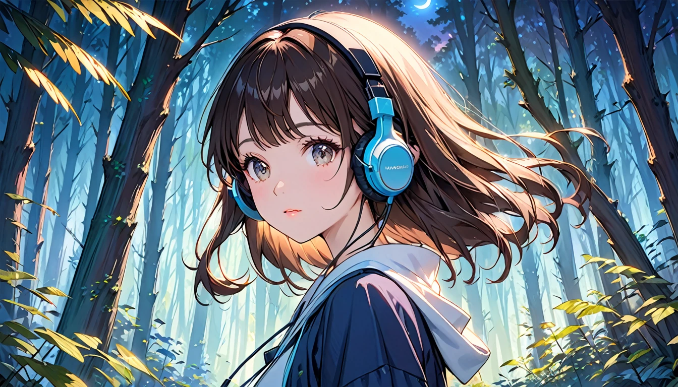 High resolution, An unparalleled masterpiece, Detailed Background, Perfect good lighting, Volumetric lighting, Shadows in the movie,Glowing Skin, wonderful,bright, Refreshing and gentle look, Perfect beautiful face,Beautiful shiny bangs, Very beautiful 17 year old girl, eyeliner, Girl wearing headphones,Brown Hair,1 person,in the forest,Mystical Night