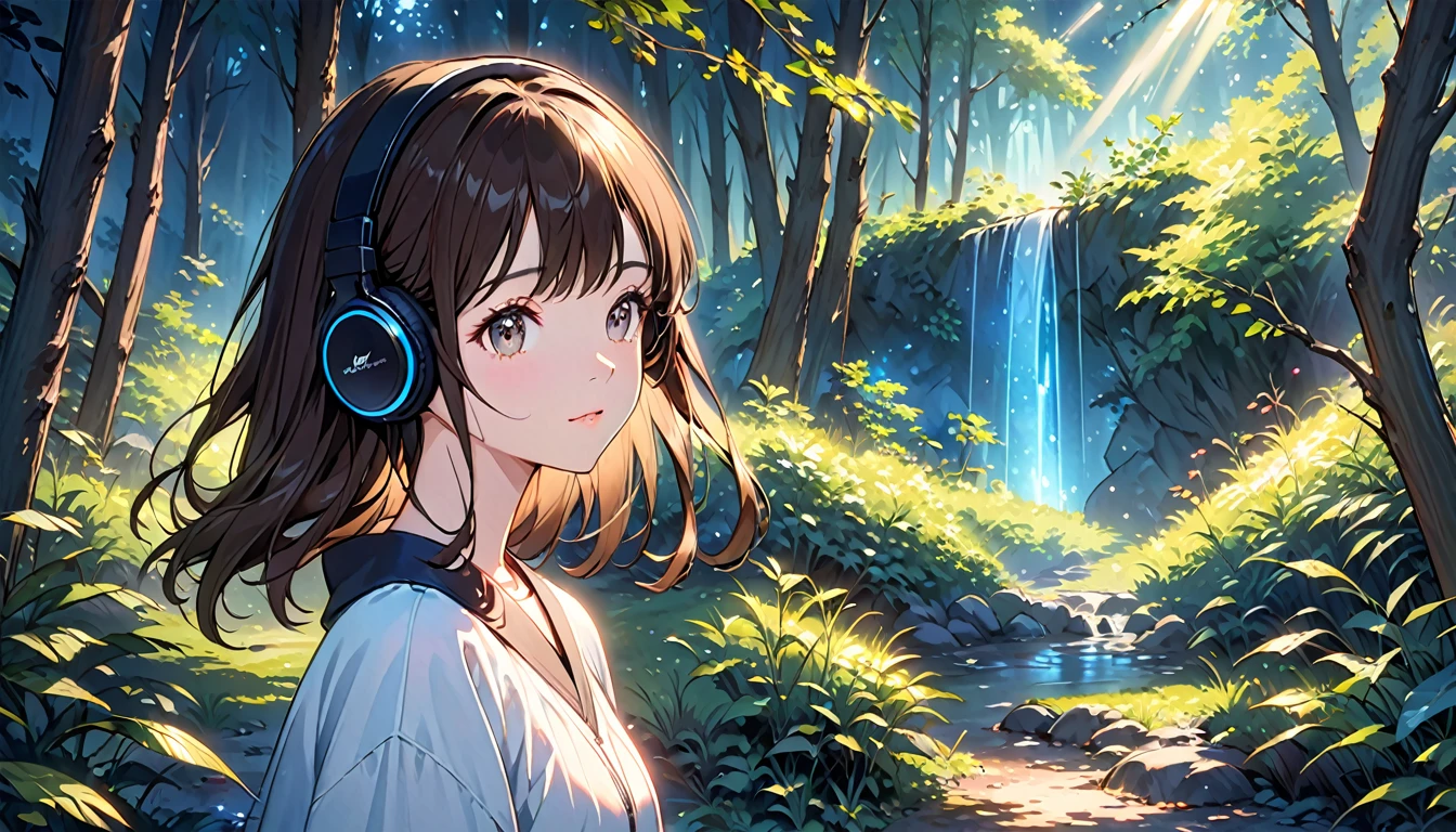 High resolution, An unparalleled masterpiece, Detailed Background, Perfect good lighting, Volumetric lighting, Shadows in the movie,Glowing Skin, wonderful,bright, Refreshing and gentle look, Perfect beautiful face,Beautiful shiny bangs, Very beautiful 17 year old girl, eyeliner, Girl wearing headphones,Brown Hair,1 person,in the forest,Mystical Night