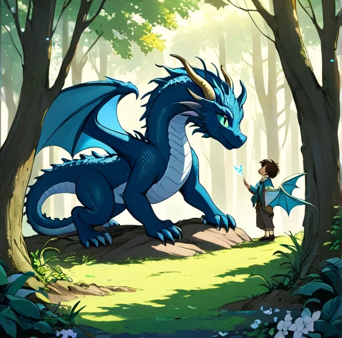 (masterpiece:1.4, best quality:1.4), Craft an enchanting anime-style artwork depicting a mesmerizing moment between a little boy and a majestic dragon. The scene captures both the wonder and the magical connection between them.
- Characters: The little boy is portrayed as an adventurous and curious young soul, with wide, awe-filled eyes and anime-style exaggerated expressions. He wears a simple, colorful outfit that reflects his youthful innocence. The dragon, large and imposing yet gentle in demeanor, is intricately detailed with shimmering scales and wise, knowing eyes that glow softly.
- Setting: Set this magical encounter in a lush, mystical forest clearing that enhances the fantastical elements of the story. The forest is rich with vibrant greenery, ancient trees, and dappled sunlight that filters through the leaves, casting intricate shadows and illuminating the scene with a magical ambiance.
- Activity: Illustrate the moment the boy first lays eyes on the dragon. The dragon, perched regally upon a massive stone or amidst towering trees, bends its head down to meet the boy’s gaze. The boy stands still, a mixture of amazement and joy on his face, reaching out a tentative hand towards the creature.
- Props and Details: Include whimsical elements like glowing flowers, floating lights, or small mythical creatures peeking from behind the trees to enrich the scene. The dragon might have subtle elements of magic, such as faint wisps of smoke drifting from its nostrils or a slight shimmer around its wings.
- Atmosphere: The atmosphere should convey a sense of wonder and magic, with a touch of suspense and awe. Despite the dragon’s imposing size, the interaction is gentle and friendly, showcasing a moment of connection and understanding between different beings.
- Color Palette: Use a palette that combines the natural greens and browns of the forest with the mystical colors of the dragon, such as deep blues, purples, or vibrant reds, depending on the dragon