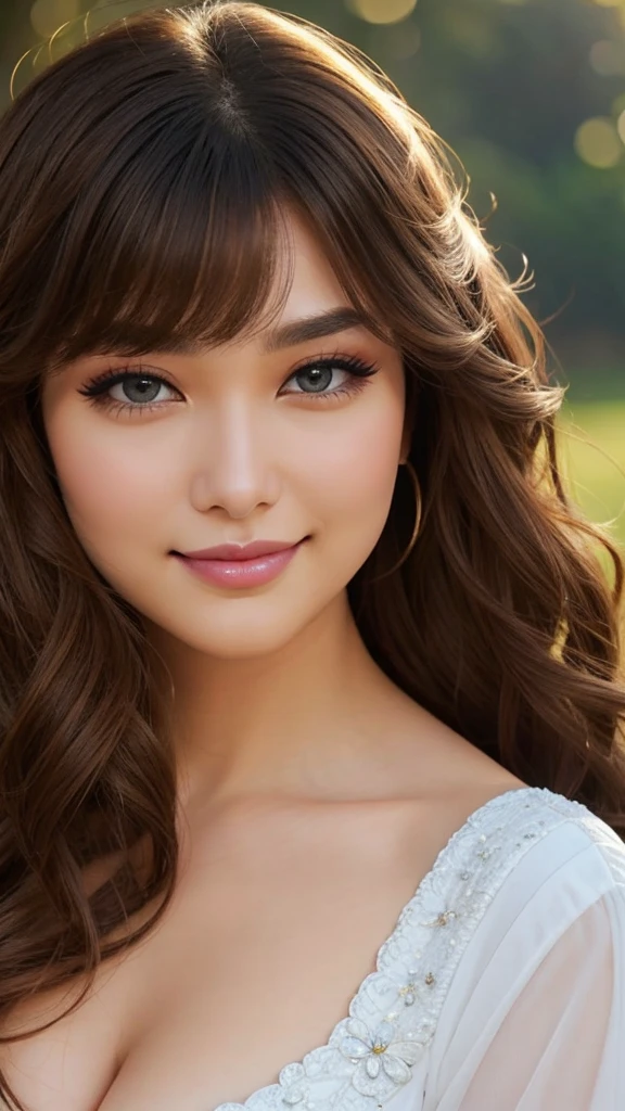 Beauty, Mystical Eyes、Big 、Super sexy、Pale skin、Shiny Hair、Super long hair、Loose and fluffy perm、Close to blonde、Are fat、fat、smile、Heavy makeup、Pink lipstick、Thick lipoisturized lips、Plump、Voluptuous、Indian、spring、Blue sky、White cloud、looking at the camera、Has bangs、Bangs fall on the forehead、Heavy makeup、Heavy makeup、The face is dark、Exotic Face