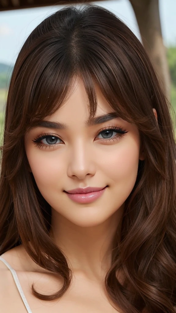 Beauty, Mystical Eyes、Big 、Super sexy、Pale skin、Shiny Hair、Super long hair、Loose and fluffy perm、Close to blonde、Are fat、fat、smile、Heavy makeup、Pink lipstick、Thick lipoisturized lips、Plump、Voluptuous、Indian、spring、Blue sky、White cloud、looking at the camera、Has bangs、Bangs fall on the forehead、Heavy makeup、Heavy makeup、The face is dark、Exotic Face
