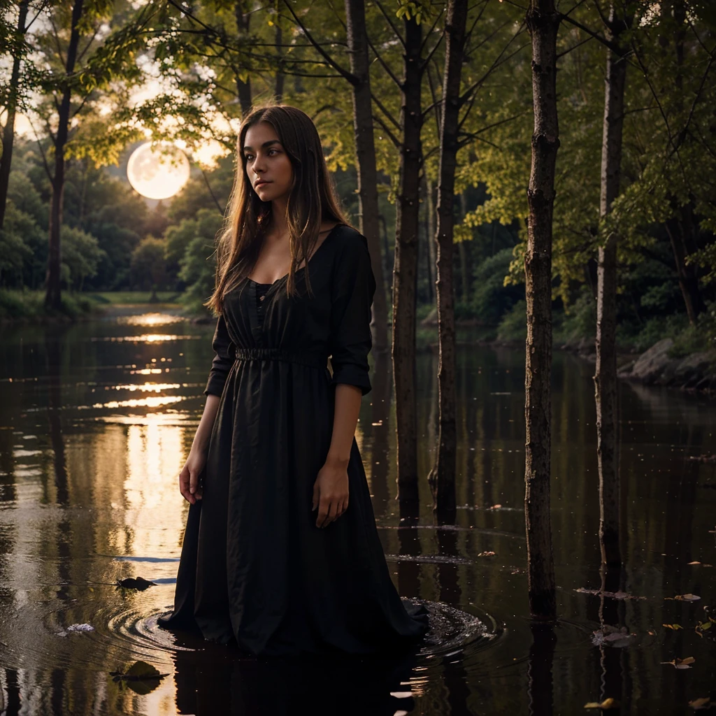 A blonde woman with brown eyes, with darker hair near the roots and large chest, is elegantly dressed in a black dress. She stands by a peaceful lake in the light of the full moon, where little points of firefly light dance in the air. His expression reveals a mixture of melancholy and determination., suggesting she may be a keeper of ancient secrets or an enigmatic figure searching for answers. The scene conveys an atmosphere of enchantment and mystery in a nighttime setting of serene beauty..
