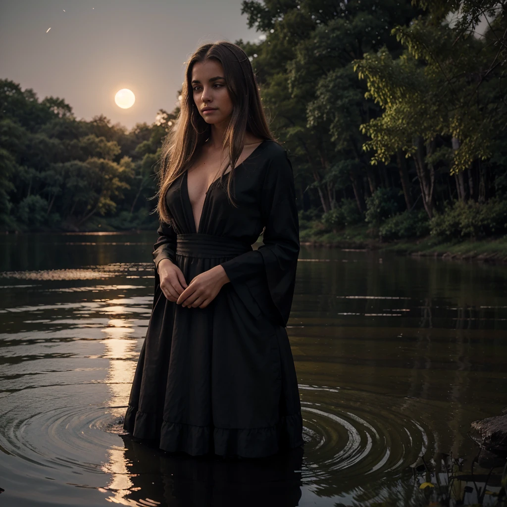 A blonde woman with brown eyes, with darker hair near the roots and large chest, is elegantly dressed in a black dress. She stands by a peaceful lake in the light of the full moon, where little points of firefly light dance in the air. His expression reveals a mixture of melancholy and determination., suggesting she may be a keeper of ancient secrets or an enigmatic figure searching for answers. The scene conveys an atmosphere of enchantment and mystery in a nighttime setting of serene beauty..