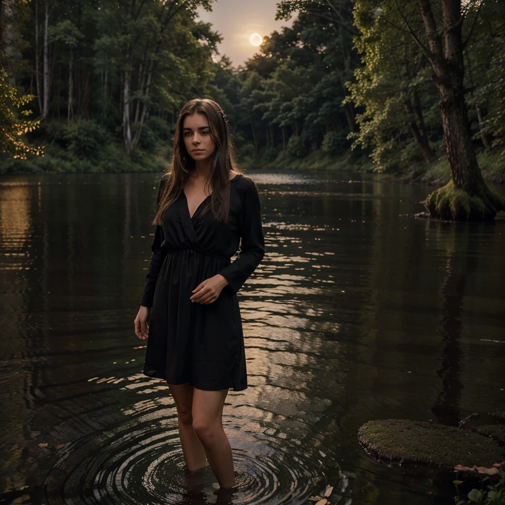 A blonde woman with brown eyes, with darker hair near the roots and large chest, is elegantly dressed in a black dress. She stands by a peaceful lake in the light of the full moon, where little points of firefly light dance in the air. His expression reveals a mixture of melancholy and determination., suggesting she may be a keeper of ancient secrets or an enigmatic figure searching for answers. The scene conveys an atmosphere of enchantment and mystery in a nighttime setting of serene beauty..