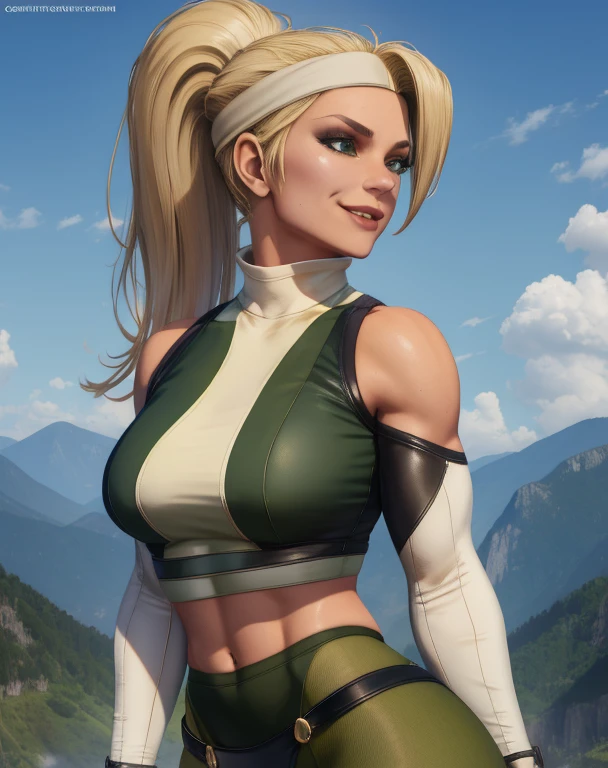 sonyamk11, blonde hair, ponytail, looking at viewer,    
headband, green and white crop top, green and white pantyhose,  
upper body, standing, smile, 
military base,  outdoors, 
(insanely detailed, beautiful detailed face, masterpiece, best quality) 