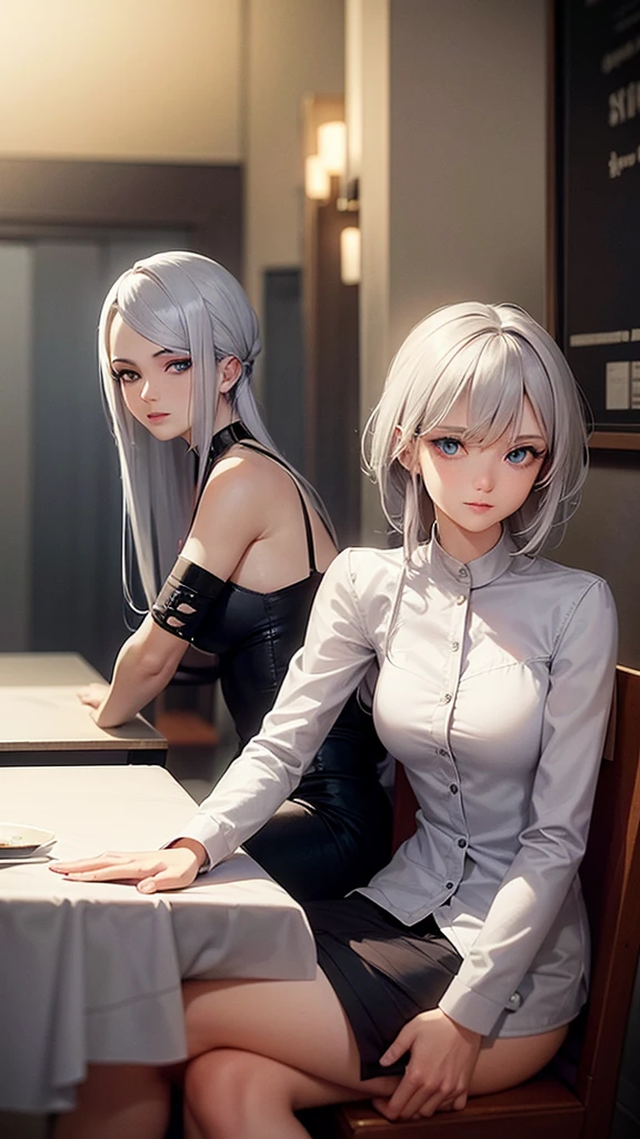 Generate a female character with silver hair who has light blue eyes and who has an elegant but at the same time simple style in her clothes and who is sitting in a restaurant