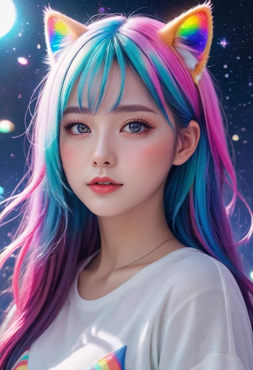 a closeup of a girl with long hair with a cat ear and rainbow hair, vibrant fantasy style, anime girl with cosmic hair, beautiful anime style, Kawaii realistic portrait, beautiful colorful adorable, anime inspired, awesome anime face portrait, beautiful animated portrait, colorful aesthetic, fantasy art style, realistic anime art style, vibrant pastel rossdraws, anime vibes
