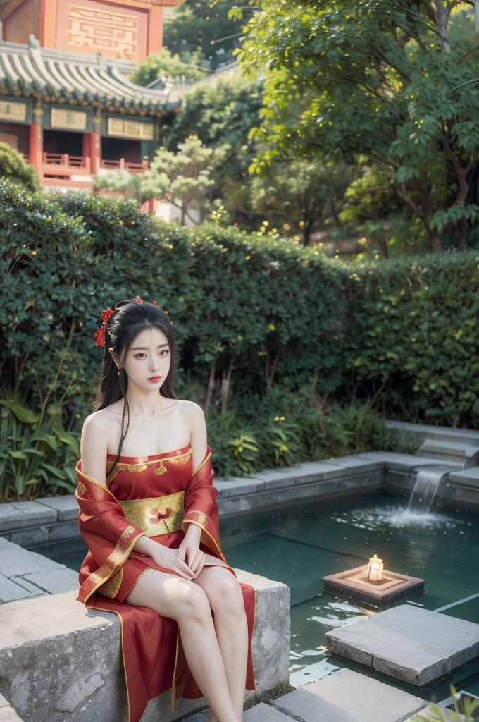 (((best quality))),(((ultra detailed))),(((masterpiece))),illustration,1girl, ((traditional Chinese attire,red sheer dudou)), outdoor hot spring, Chinese-style courtyard, beautiful, long black hair, fair skin, graceful movements, peacefulness, lush greenery, red walls, starry night, serene atmosphere, delicate collarbones, towel, stone bench, alluring, enchanting,night scene