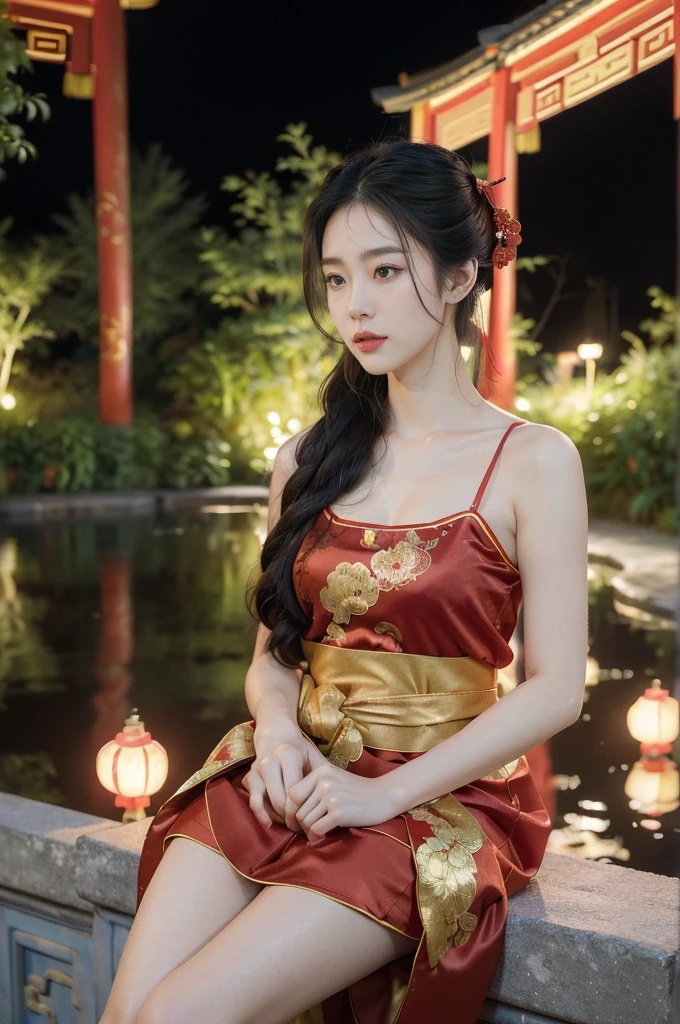 (((best quality))),(((ultra detailed))),(((masterpiece))),illustration,1girl, ((traditional Chinese attire,red sheer dudou)), outdoor hot spring, Chinese-style courtyard, beautiful, long black hair, fair skin, graceful movements, peacefulness, lush greenery, red walls, starry night, serene atmosphere, delicate collarbones, towel, stone bench, alluring, enchanting,night scene
