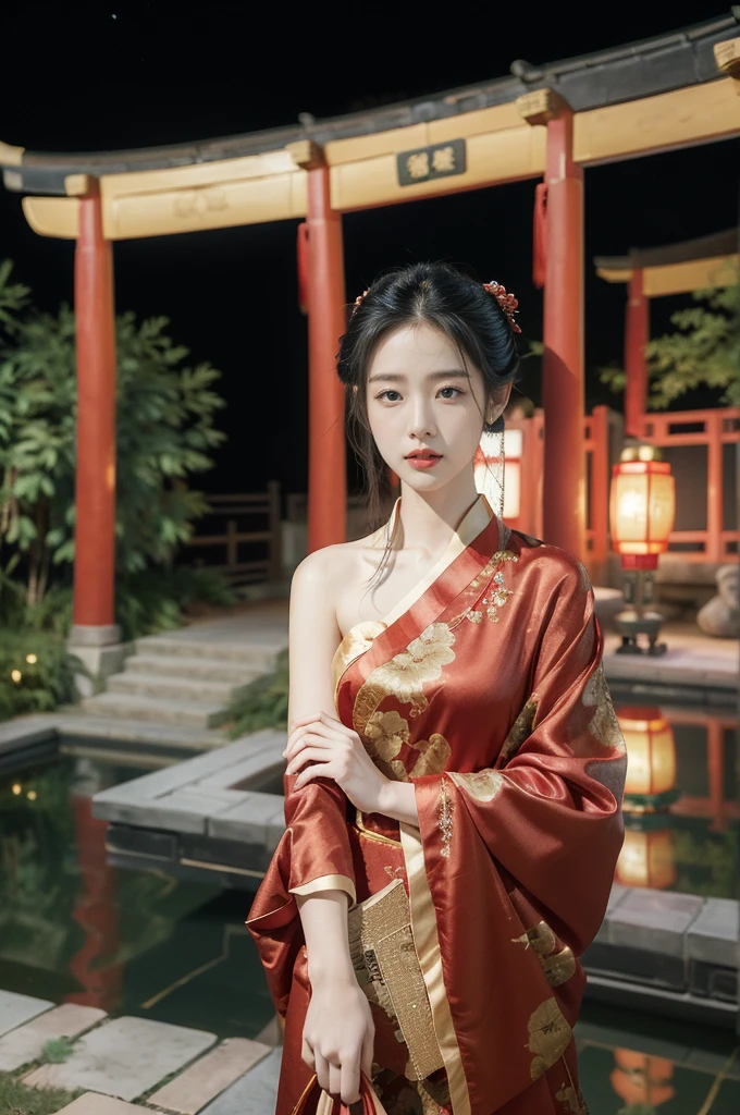 (((best quality))),(((ultra detailed))),(((masterpiece))),illustration,1girl, ((traditional Chinese attire,red sheer dudou)), outdoor hot spring, Chinese-style courtyard, beautiful, long black hair, fair skin, graceful movements, peacefulness, lush greenery, red walls, starry night, serene atmosphere, delicate collarbones, towel, stone bench, alluring, enchanting,night scene
