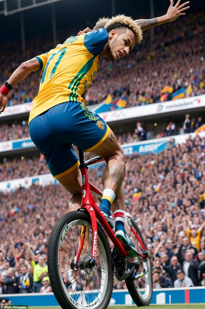 Neymar scoring a bicycle goal, in a packed stadium in Europe, VERY COLORFUL IMAGE