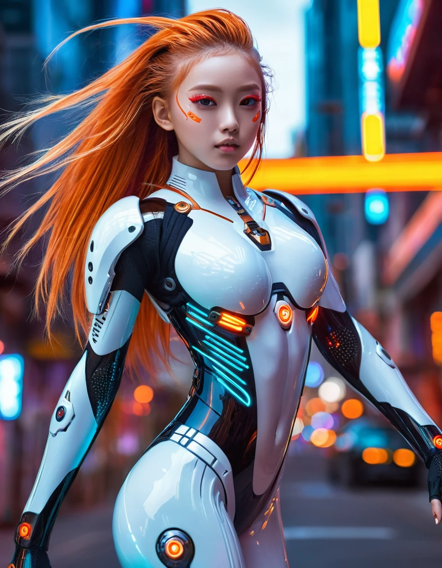 (sfw), intricate details, 1 girl, evening, (bright neon colors), ((flying over futuristic cyberpunk city)), detailed background, (little cyborg girl, ((perfect cute face, bright and shiny red eyes)), (perfect anatomy), (Absurdly Long Ombre Orange and White Hair, hair blowing in the wind)), impossible detailed ribbed bodysuit, shoulder armor, cyber members, dynamic angle,