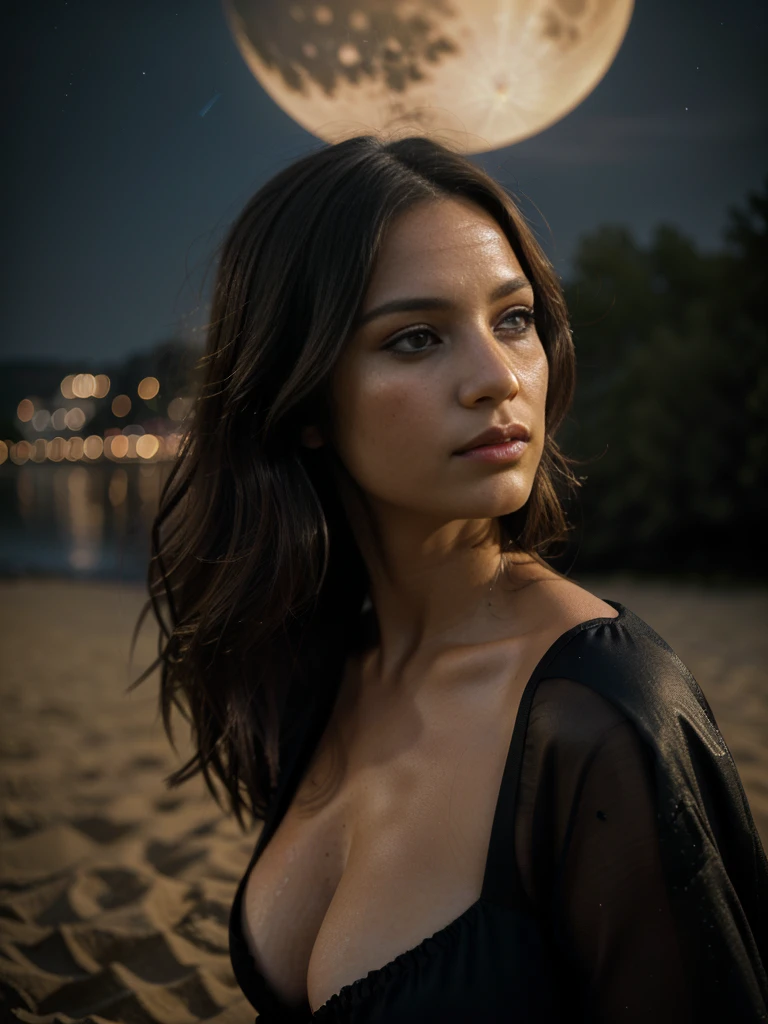 Low angle shot, award-winning glamorous photography,((best quality)), (((masterpiece)), ((realistic)), Silhouette of a 30-year-old woman and a , in front of an immense full moon (Low angle shot), a summer night, dark sky, dark starry sky, dramatic composition, epic scale, sense of awe, ultra-high res.photorealistic:.1.4, (high detailed skin:1.2), 8k uhd, dslr, high quality, film grain, Fujifilm XT