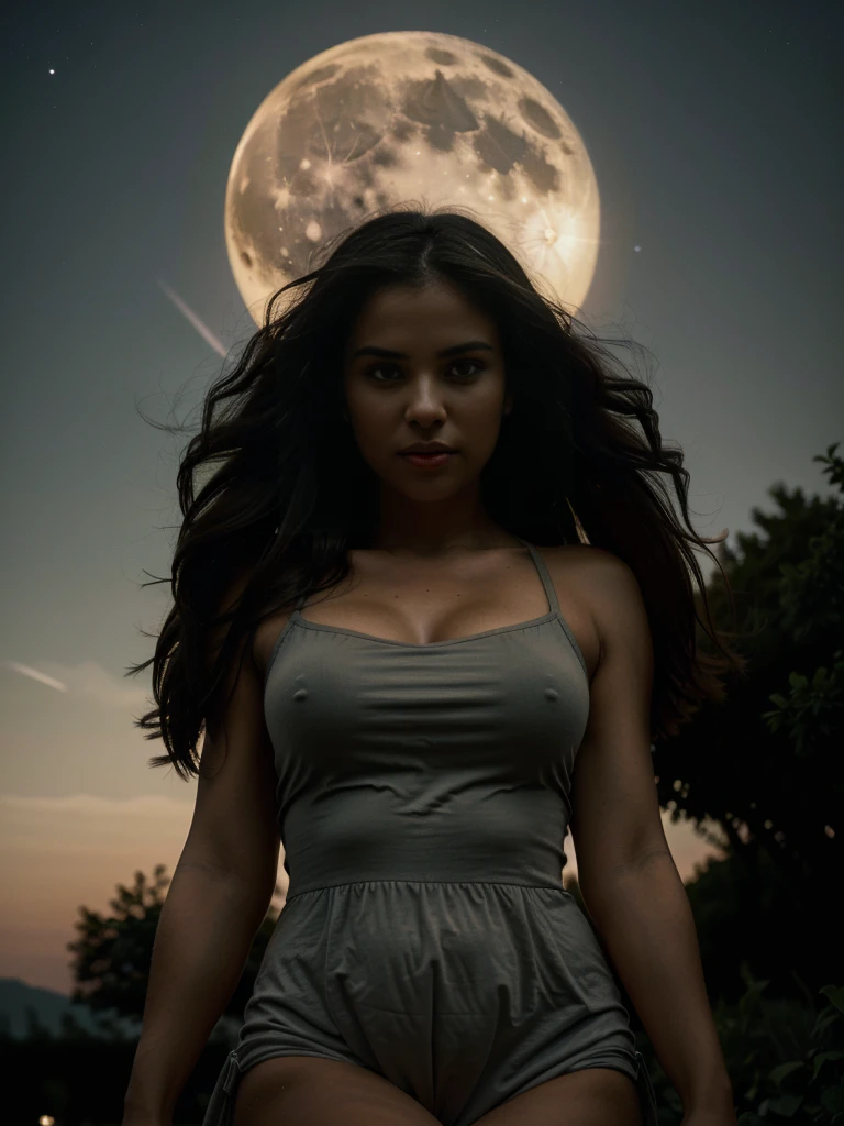 Low angle shot, award-winning glamorous photography,((best quality)), (((masterpiece)), ((realistic)), Silhouette of a 30-year-old woman and a , in front of an immense full moon  (Low angle shot), a summer night, dark sky, dark starry sky,  dramatic composition, epic scale, sense of awe, ultra-high res.photorealistic:.1.4, (high detailed skin:1.2), 8k uhd, dslr, high quality, film grain, Fujifilm XT