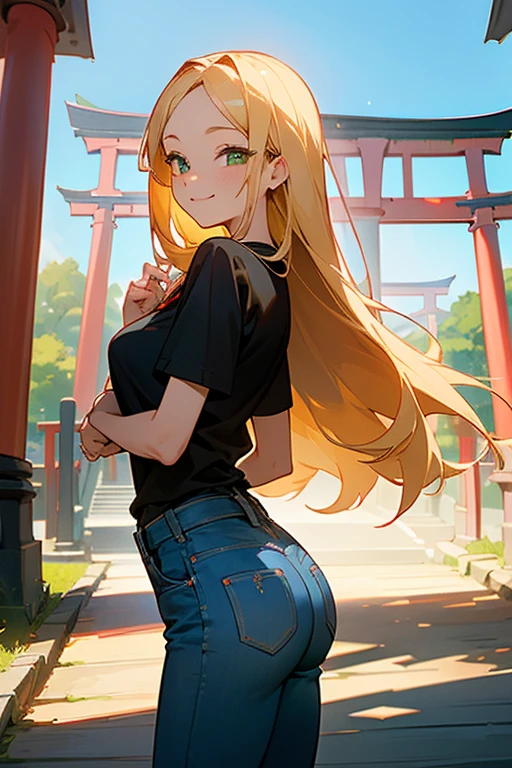 masterpiece, Highest quality, ((Scenery of a torii gate in summer with a beautiful blue sky))、Long blonde、Black shirt and denim、Cool smiling face、Lift the corners of your mouth、Beautiful college-aged woman、、Brown trunk、Green Eyes、Looking back pose、whole body