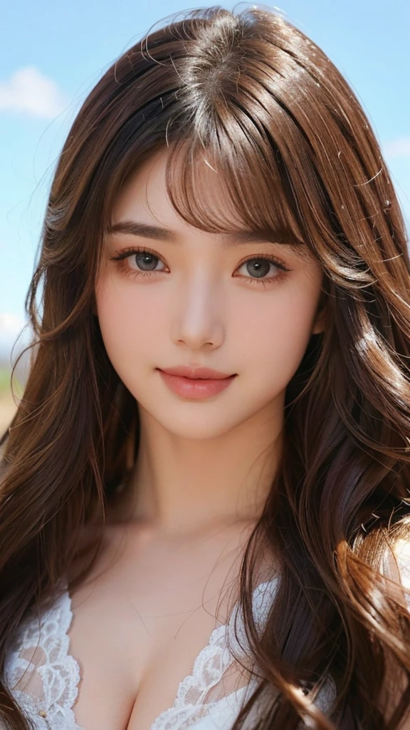 Beauty, Mystical Eyes、Big 、Super sexy、Pale skin、Shiny Hair、Super long hair、Loose and fluffy perm、Close to blonde、Are fat、fat、smile、Heavy makeup、Pink lipstick、Thick lipoisturized lips、Plump、Voluptuous、Indian、spring、Blue sky、White cloud、looking at the camera、Has bangs、Bangs fall on the forehead、Heavy makeup、Heavy makeup、The face is dark、Exotic Face
