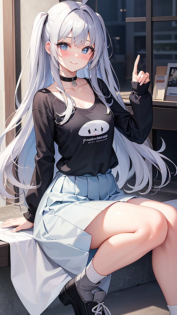 (detailed), it also has a cute whale tail, 17 year old young woman, cute, pretty and adorable, has beautiful long, bright gray hair, has a modern but cool and elegant clothing design, she really likes whales, therefore she has a whale design reference., grey hair, Ahoge, long hair, dilated pupils, BLUSH, smile, anime style, (best quality)), ((masterpiece))