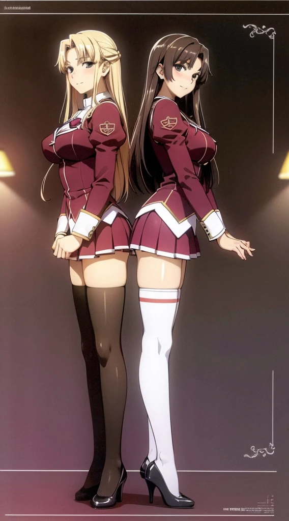Masterpiece, high quality, 2girls, duo, identical twins, identical sisters, brown hair, curly hair, matching hairstyles, hazel eyes, medium sized bust, (school uniform, sexy school uniform, blazer, lace section, ribbon, rainbow short skirt, white thigh-high socks, black high heels, matching outfits), smile, flat_Farbe, full body, seductive pose, Duo pose: From the side angle, people's body curves are beautiful.