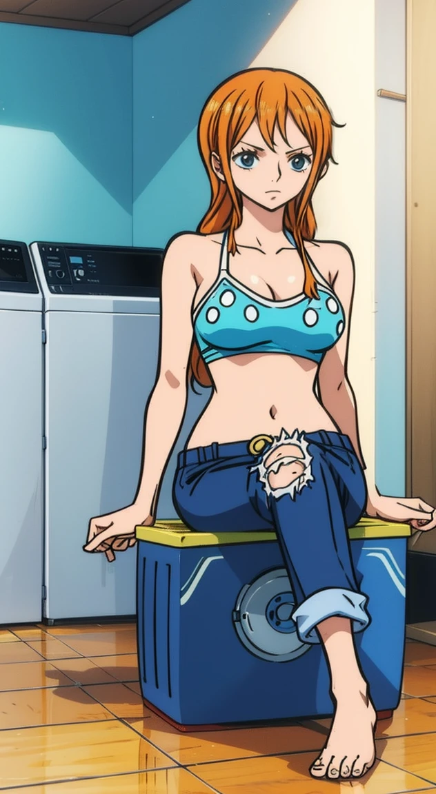 Nami, one piece 3D render, in the laundry room, sitting on top of a washing machine, wearing bikini top, wearing jeans