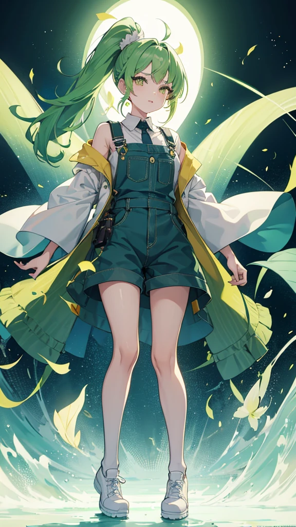 full body,1girl,green hair,yellow eyes,long ponytail,white suit,green overalls,紫の蝶ネクタイ,detailed face,central framing,mesugaki,hyper detailed,cinematic lighting,best quality,masterpiece,blue background