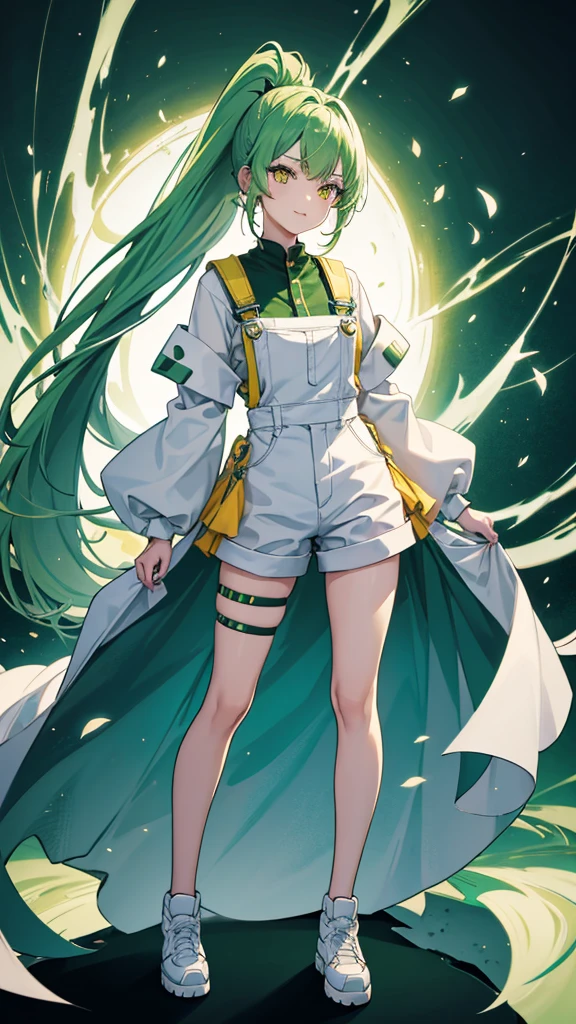 full body,1girl,green hair,yellow eyes,long ponytail,white suit,green overalls,紫の蝶ネクタイ,detailed face,central framing,mesugaki,hyper detailed,cinematic lighting,best quality,masterpiece,blue background