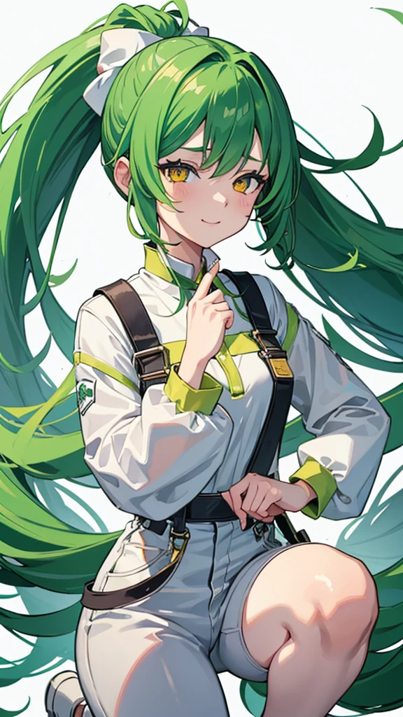 full body,1girl,green hair,yellow eyes,long ponytail,white suit,green overalls,紫の蝶ネクタイ,detailed face,central framing,mesugaki,hyper detailed,cinematic lighting,best quality,masterpiece,blue background