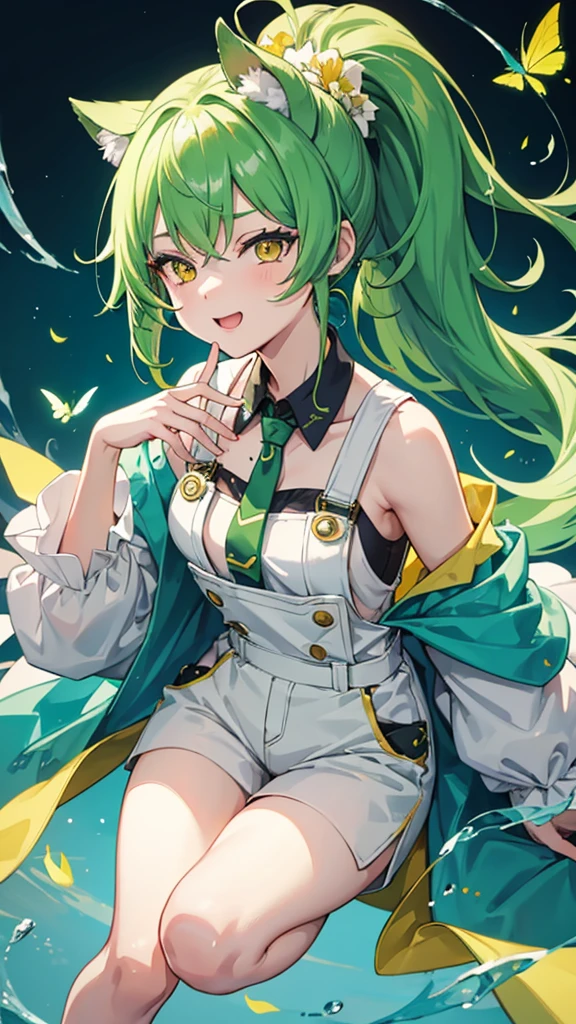 full body,1girl,green hair,yellow eyes,long ponytail,white suit,green overalls,紫の蝶ネクタイ,detailed face,central framing,mesugaki,hyper detailed,cinematic lighting,best quality,masterpiece,blue background