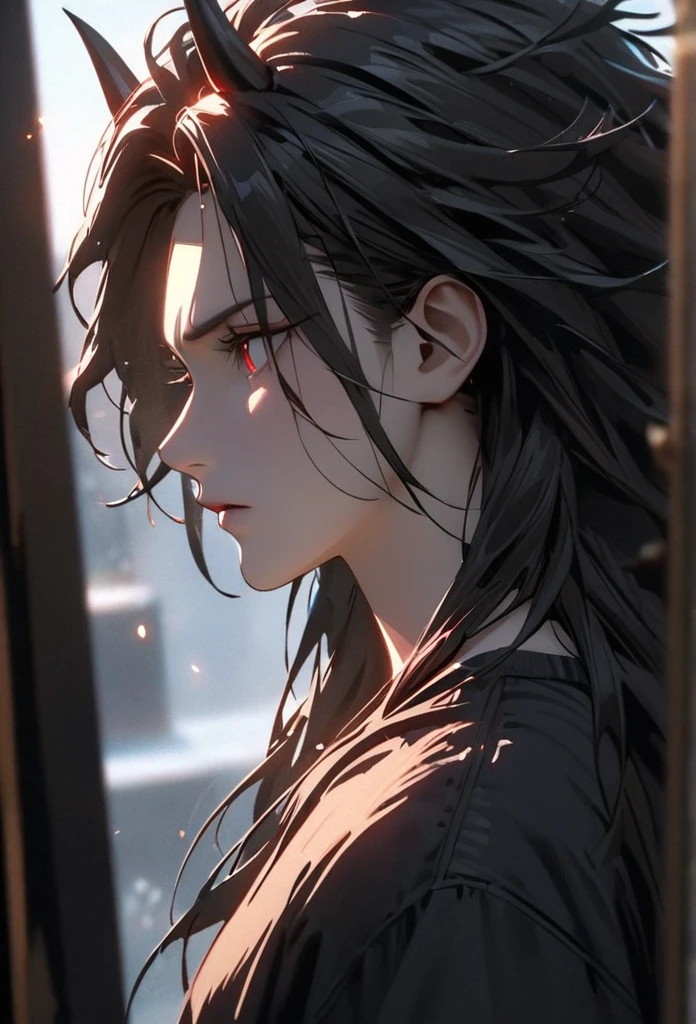(solo), masculine, black hair, messy hair, mane hair, long hair, dense hair, wild hair, expressive hair, mature,(25 year old), pale skin, red eyes, ((man)), wearing a black shirt, black demon horns,, serious, handsome, attractive, eye reflection, depth of field, thunder aura,cinematic lighting, ray tracing, depth of field, cinematic lighting, ray tracing, UHD, high details, best quality, highres, high quality, award winning, super detail, masterpiece, 8k, UHD, high details, best quality, highres, high quality, award winning, super detail, masterpiece, 8k, digital art, anime coloring, body shot, good face, perfect face, detailed face, good eyes