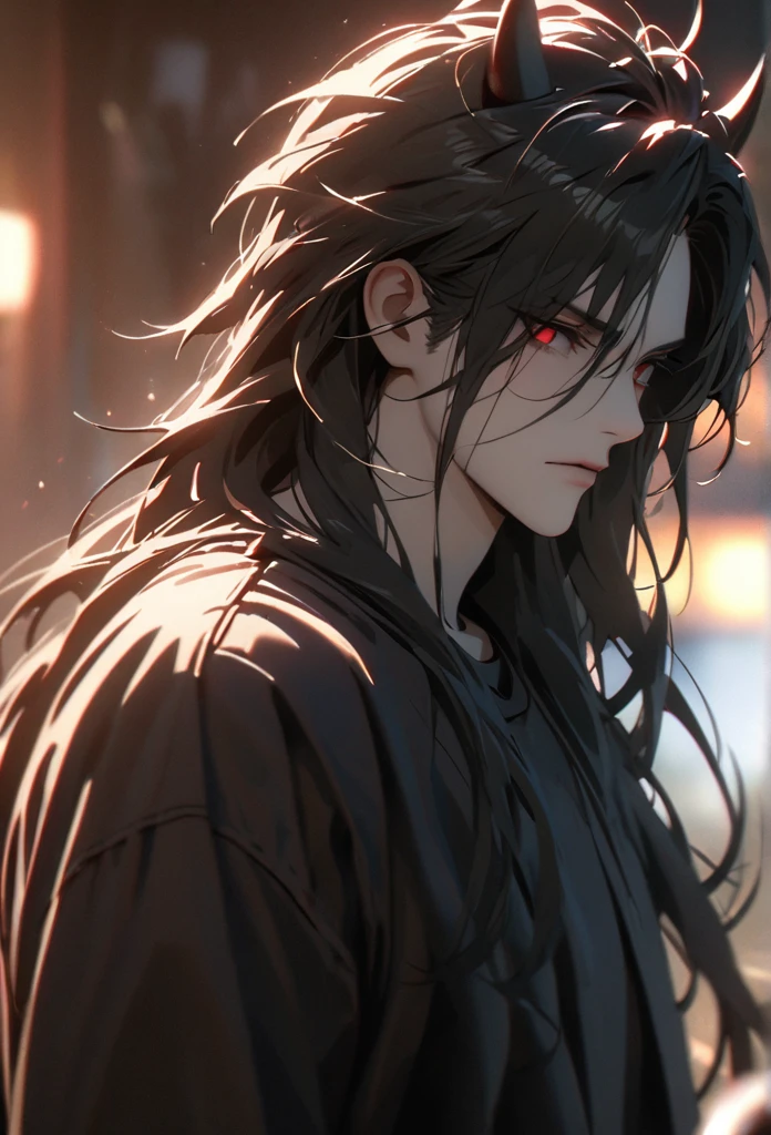 (solo), masculine, black hair, messy hair, mane hair, long hair, dense hair, wild hair, expressive hair, mature,(25 year old), pale skin, red eyes, ((man)), wearing a black shirt, black demon horns,, serious, handsome, attractive, eye reflection, depth of field, thunder aura,cinematic lighting, ray tracing, depth of field, cinematic lighting, ray tracing, UHD, high details, best quality, highres, high quality, award winning, super detail, masterpiece, 8k, UHD, high details, best quality, highres, high quality, award winning, super detail, masterpiece, 8k, digital art, anime coloring, body shot, good face, perfect face, detailed face, good eyes