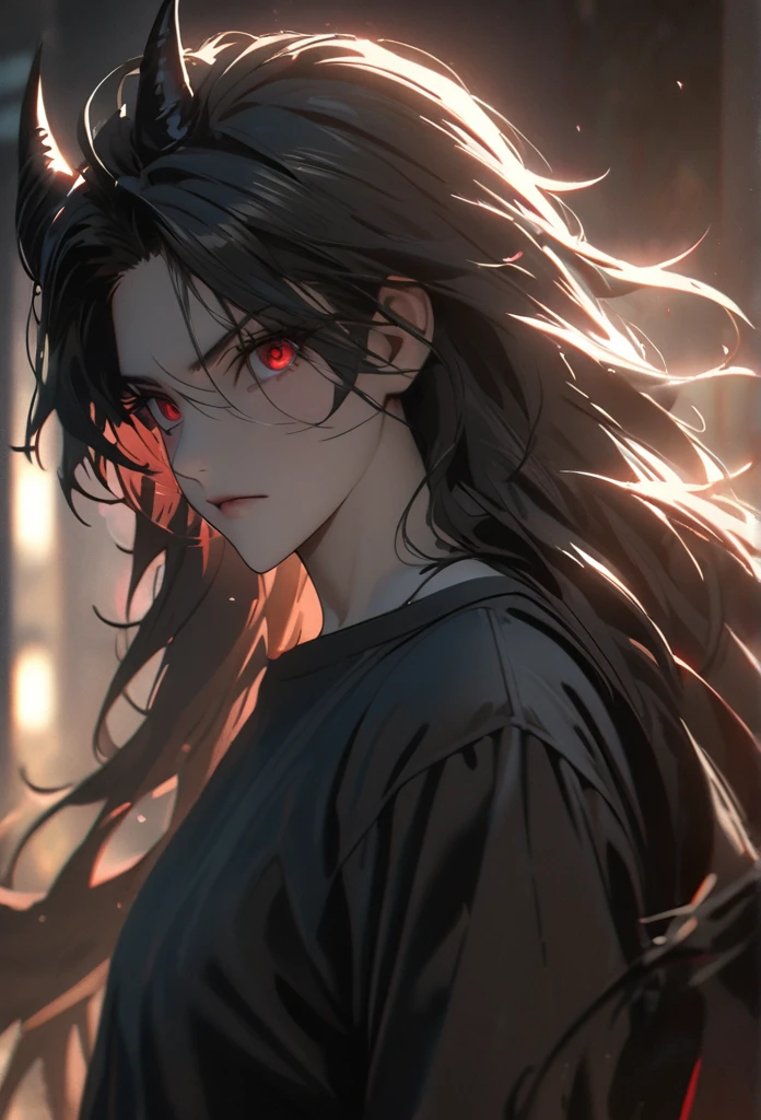 (solo), masculine, black hair, messy hair, mane hair, long hair, dense hair, wild hair, expressive hair, mature,(25 year old), pale skin, red eyes, ((man)), wearing a black shirt, black demon horns,, serious, handsome, attractive, eye reflection, depth of field, thunder aura,cinematic lighting, ray tracing, depth of field, cinematic lighting, ray tracing, UHD, high details, best quality, highres, high quality, award winning, super detail, masterpiece, 8k, UHD, high details, best quality, highres, high quality, award winning, super detail, masterpiece, 8k, digital art, anime coloring, body shot, good face, perfect face, detailed face, good eyes